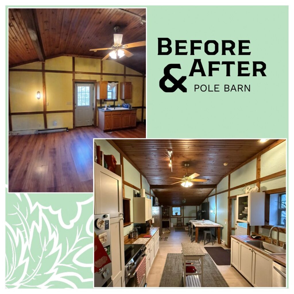 Before and after pole barn kitchen renovation showing upgraded white cabinets, butcher block countertops, improved airflow, and wood-burning stove for heat efficiency