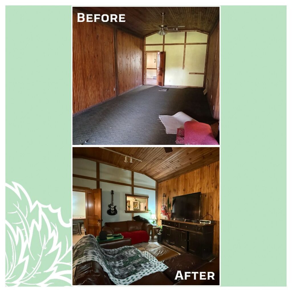 Before and after open-concept pole barn living room and kitchen renovation with improved layout, lighting, and wood-burning stove heat