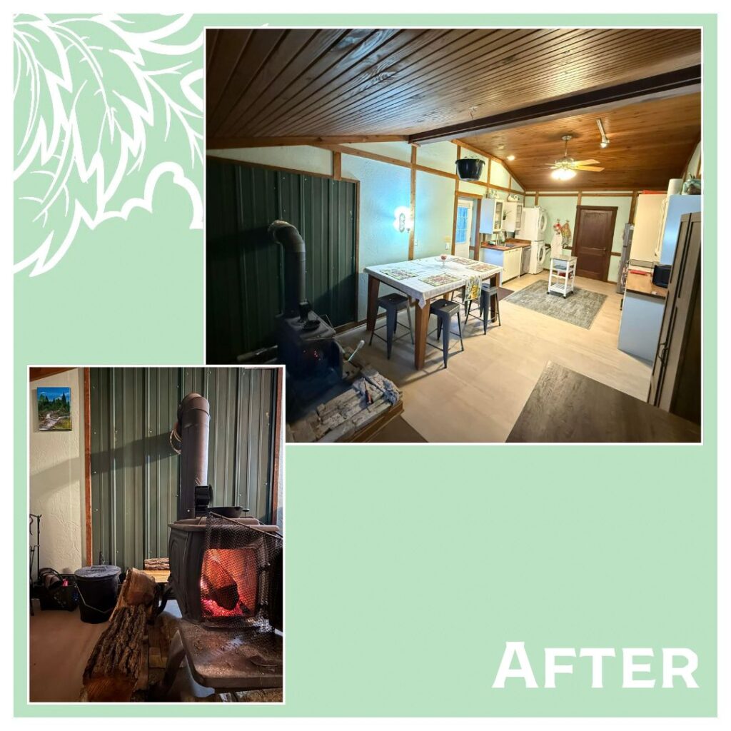After renovation of a pole barn interior featuring open kitchen and living space, improved airflow, modern finishes, and wood-burning stove heat