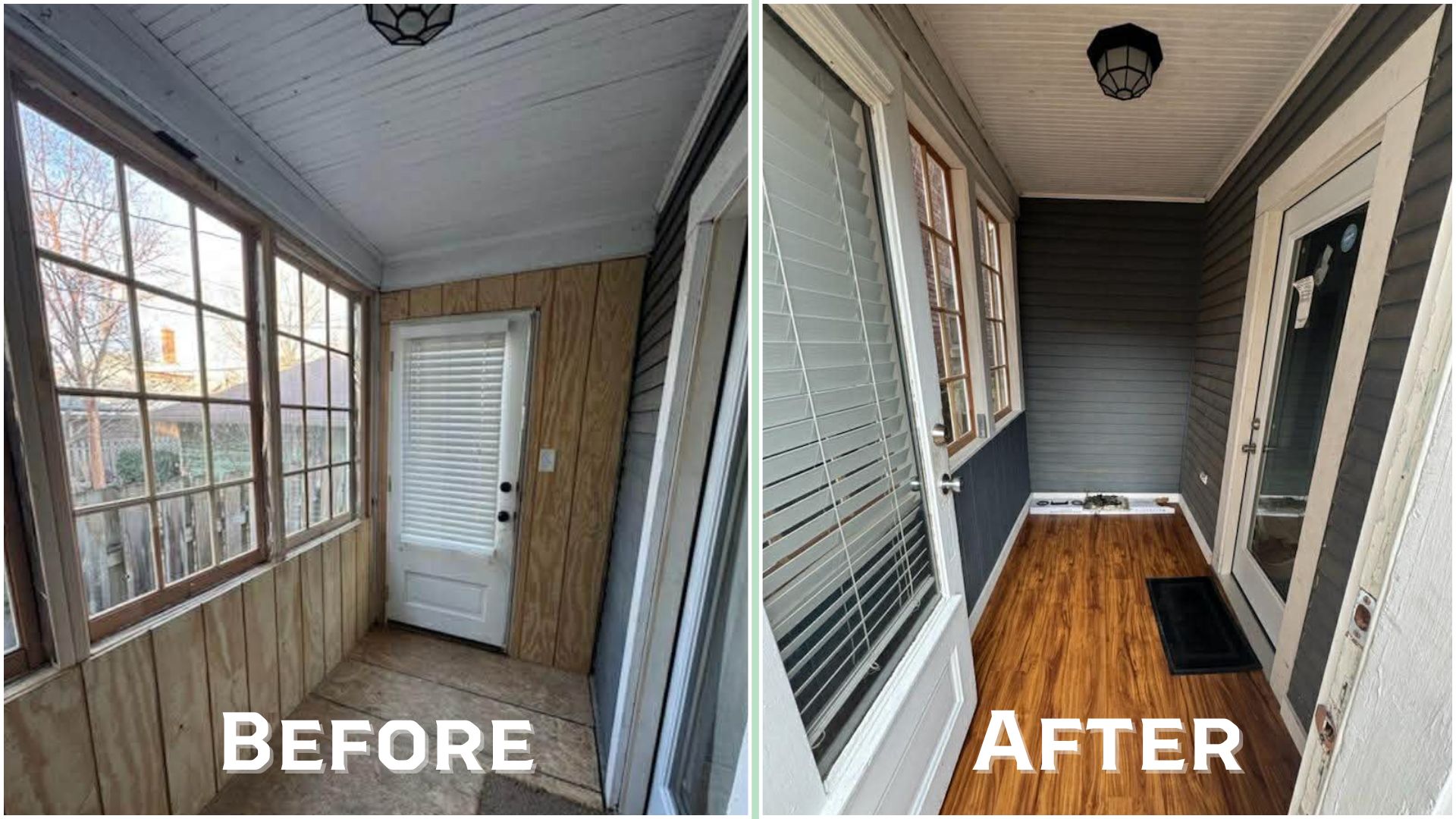 Enclosed porch renovation in Indianapolis by Green Men Restoration showing before and after transformation