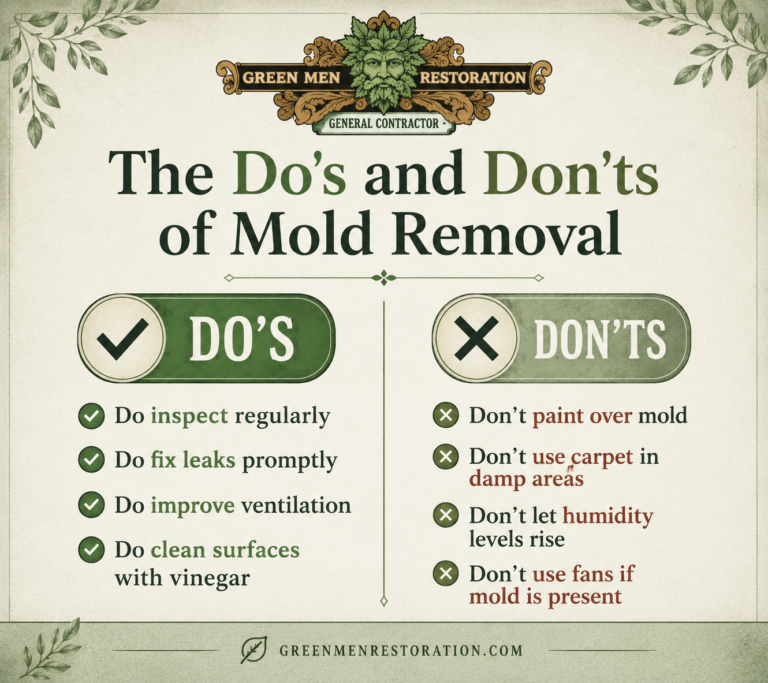 Green Men Restoration mold remediation infographic showing mold removal do's and don'ts, including fixing leaks, improving ventilation, and avoiding painting over mold.